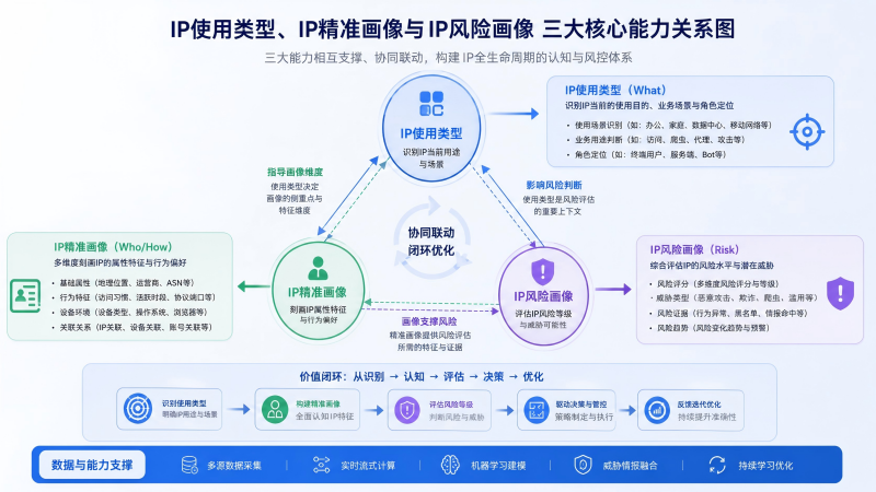 IP使用类型、IP精准画像与IP风险画像这三个核心能力关系图