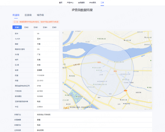 展示输入一个IP地址后,系统返回的地理位置、网络类型等基础信息