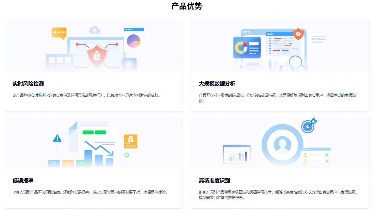 IP数据云IP真人识别产品优势：实时风险检测 大规模数据分析 低误报率 高精准度识别
